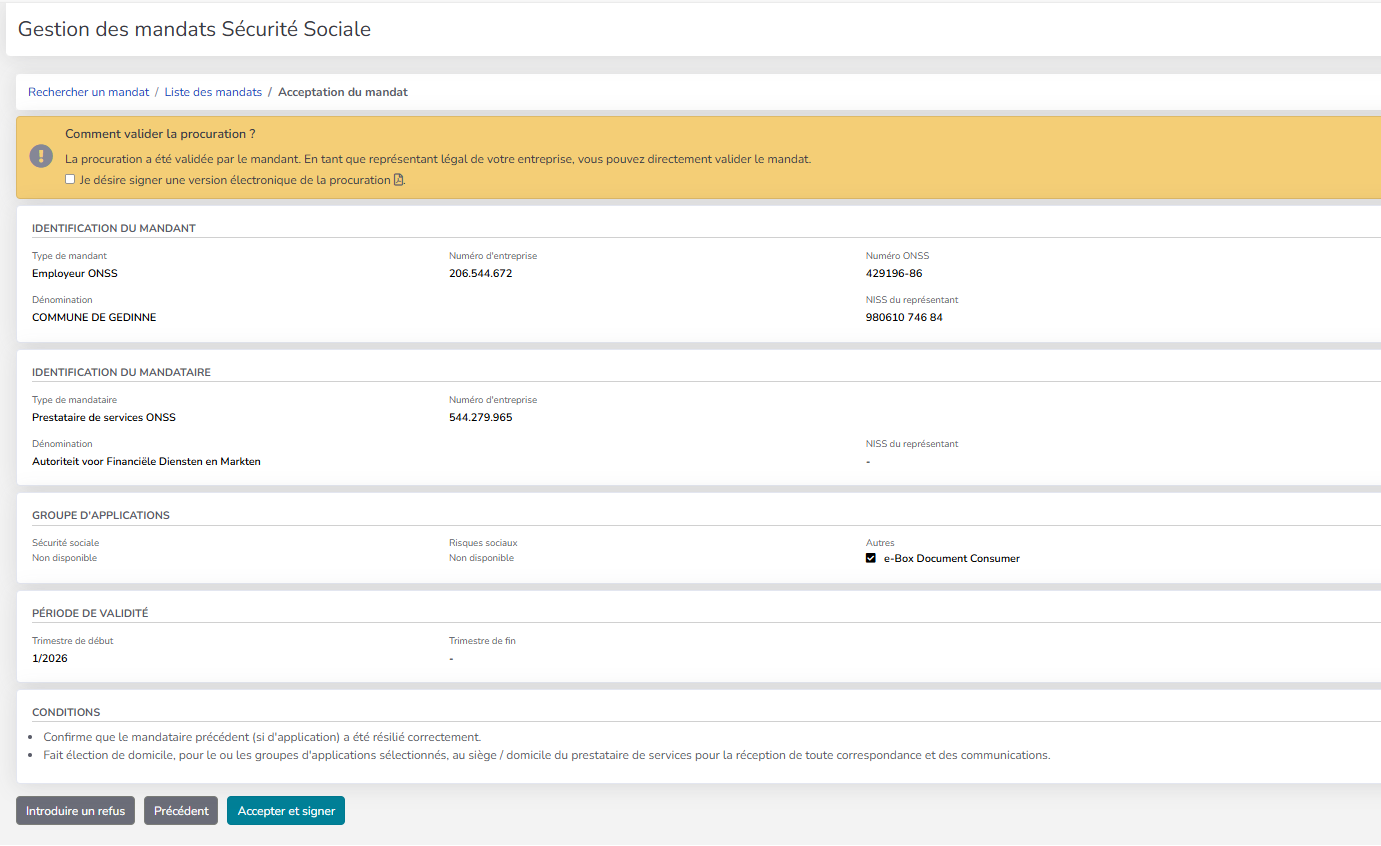Screenshot: validate mandate consumer FR