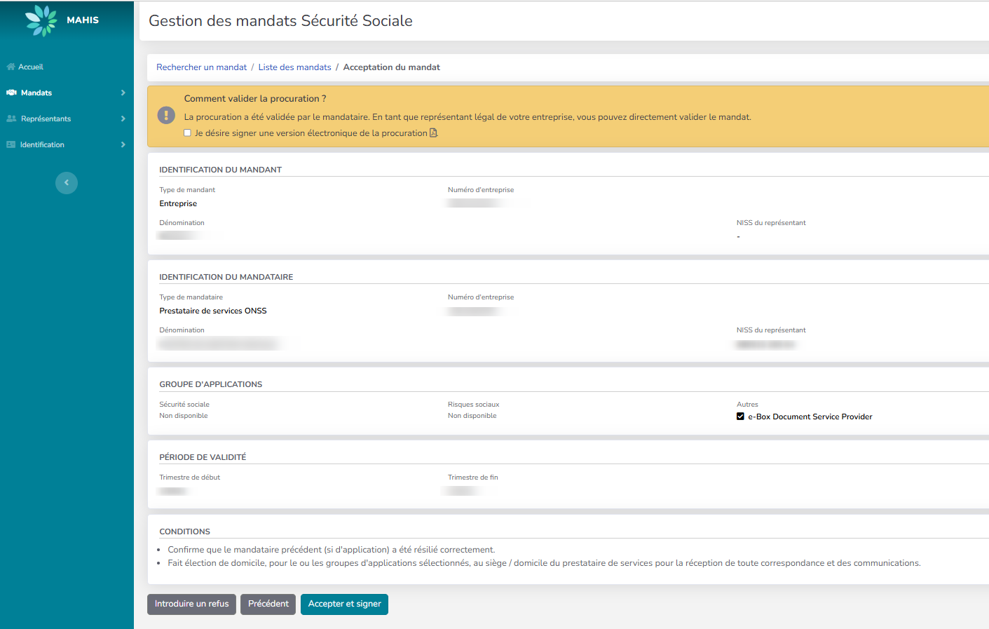 Screenshot: validate mandate FR