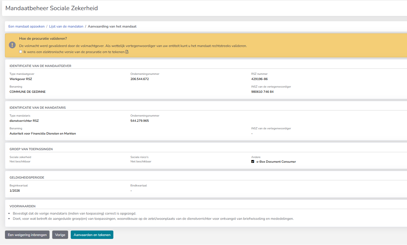 Screenshot: validate mandate consumerNL
